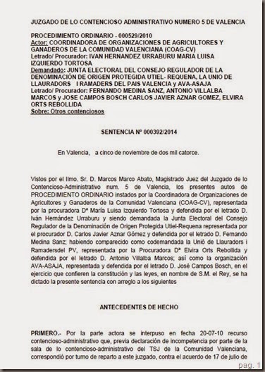 Sentencia sobre las elecciones de 2010 al CRDO Utiel-Requena_Nov.2014